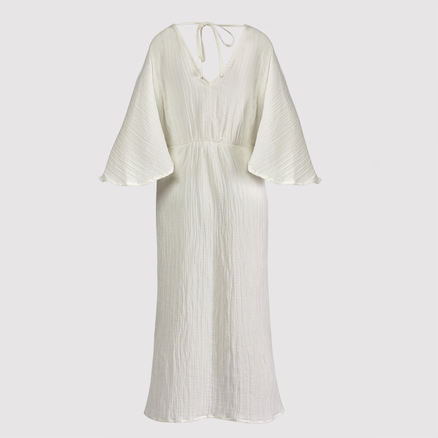 Annabel maxi muslin dress with 3/4 sleeves and cross over top on elastic waist, off-white