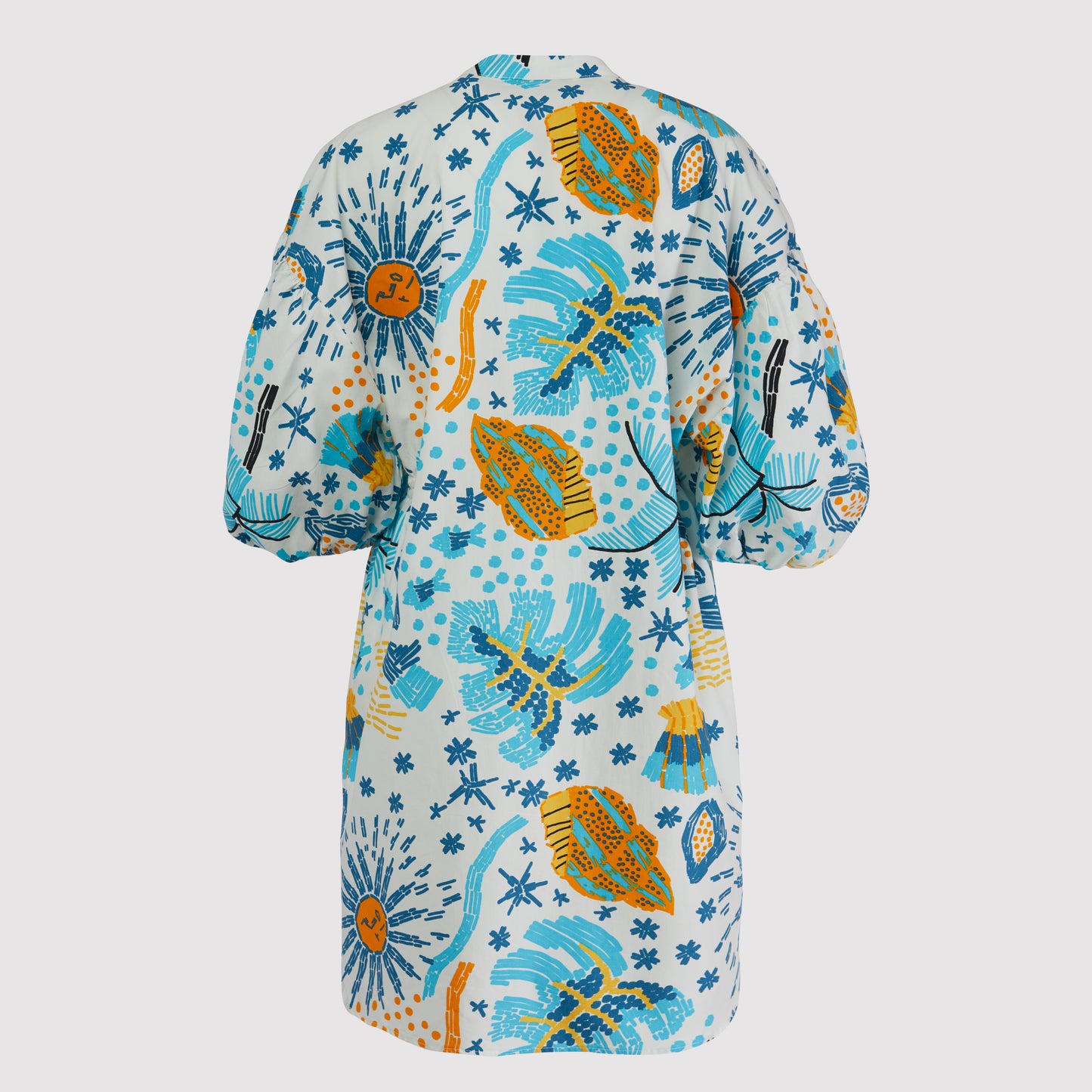 Kana button down beach shirt with 3/4 voluminous elastic hem sleeves, V neck button placket, blue printed