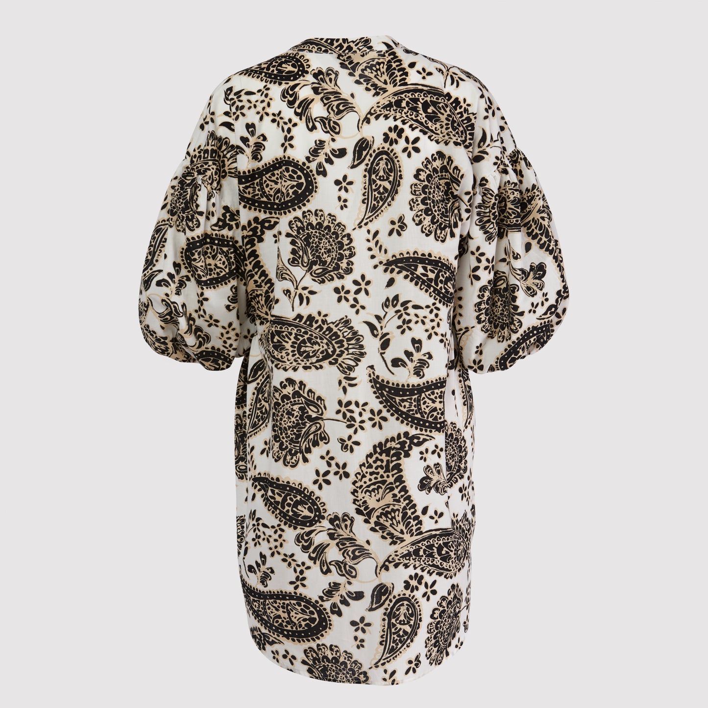 Lola button down beach shirt with 3/4 voluminous elastic hem sleeves, V neck button placket, black paisley design printed