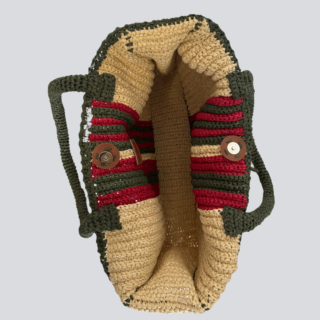Izmir bag, hand braided raffia fringe beach bag, khaki- red striped on neutral color