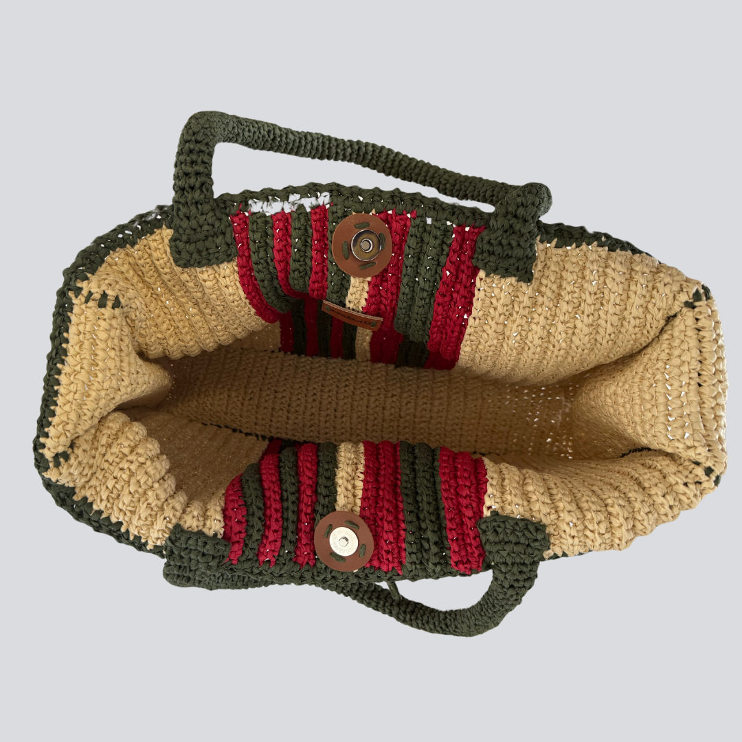 Izmir bag, hand braided raffia fringe beach bag, khaki- red striped on neutral color