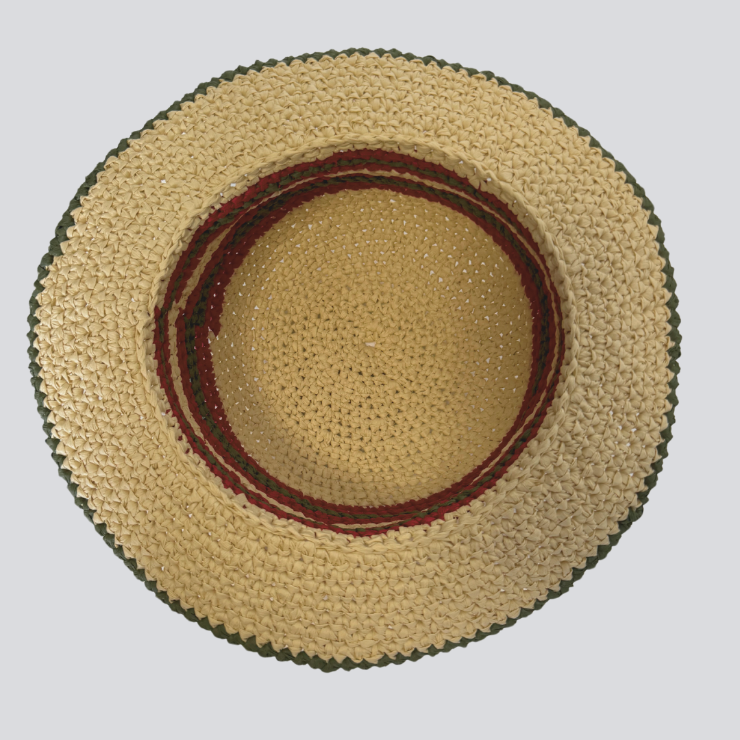 Izmir hat, hand braided raffia beach hat, khaki- red striped on neutral color