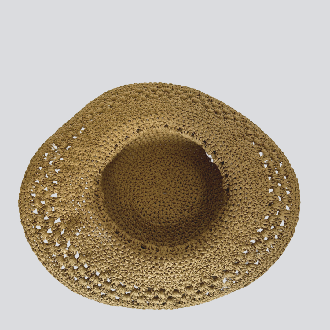 Mimoza hat hand-knitted raffia beach hat with ajour texture and braided tie, neutral color
