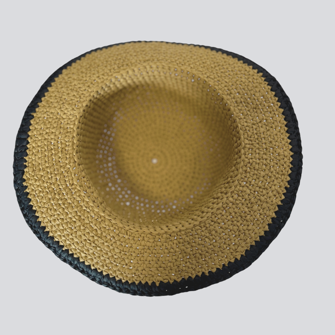 Patara hat hand-knitted raffia beach hat with contrast stripe , neutral color-black