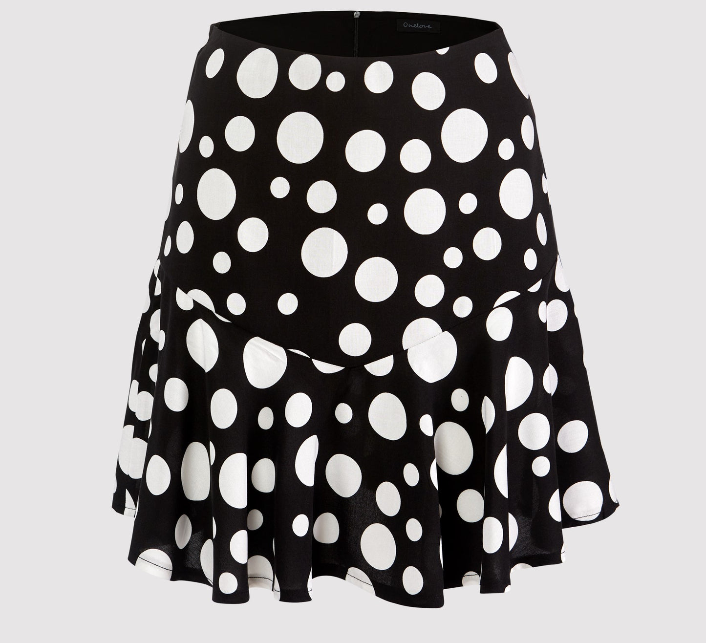 Amelia body hugging mini ruffled skirt, black-white dot printed