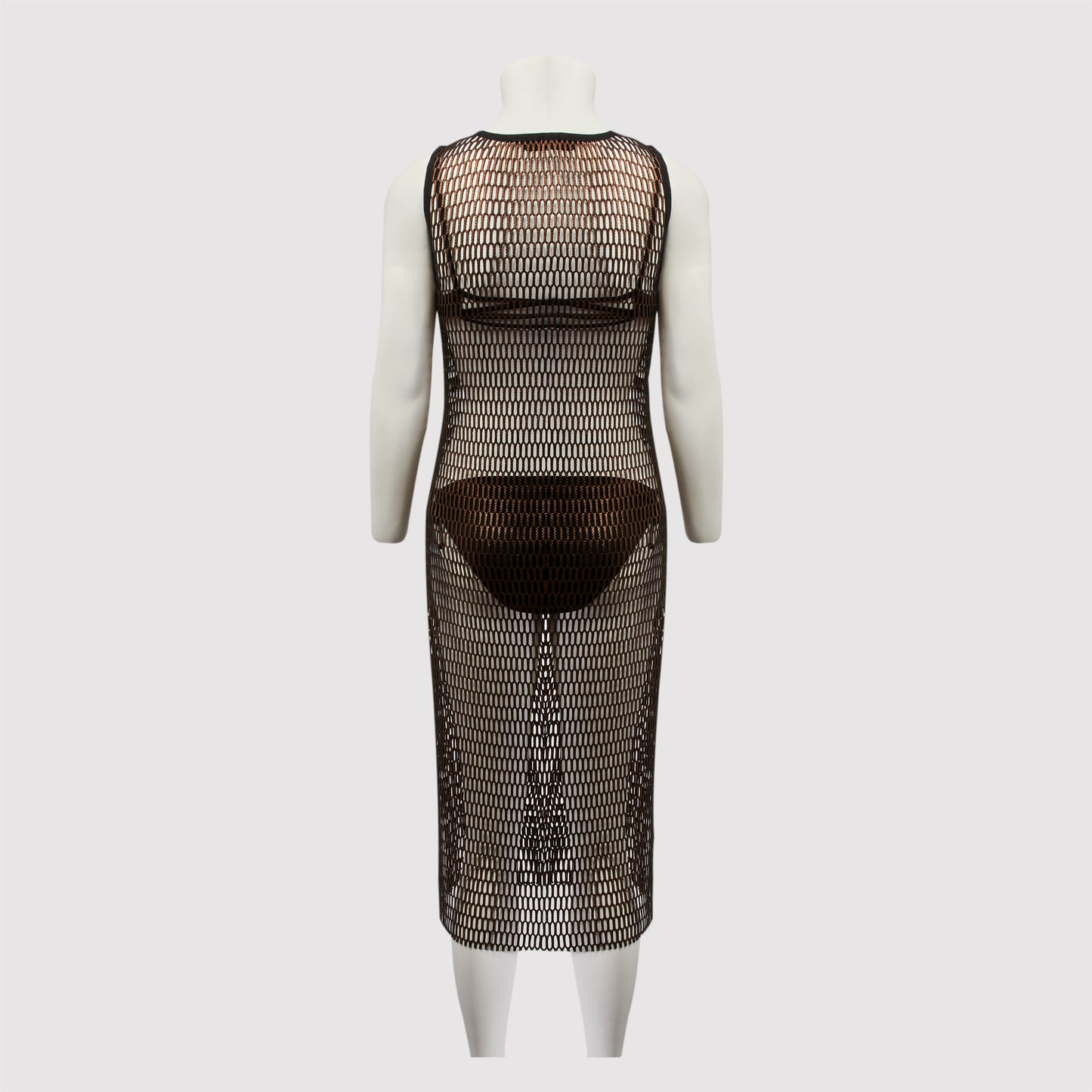 Emily Mesh foil printed sleeveless midi dress, bronze back