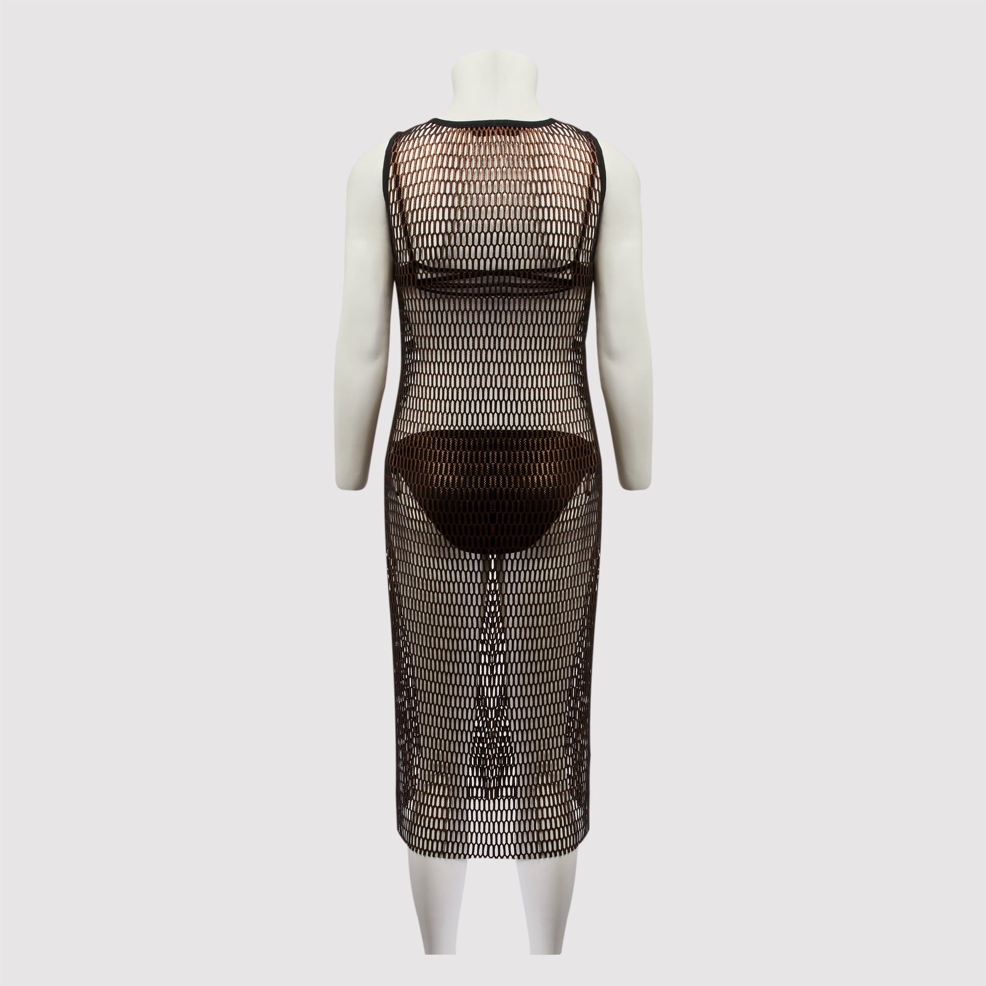 Emily Mesh foil printed sleeveless midi dress, bronze back