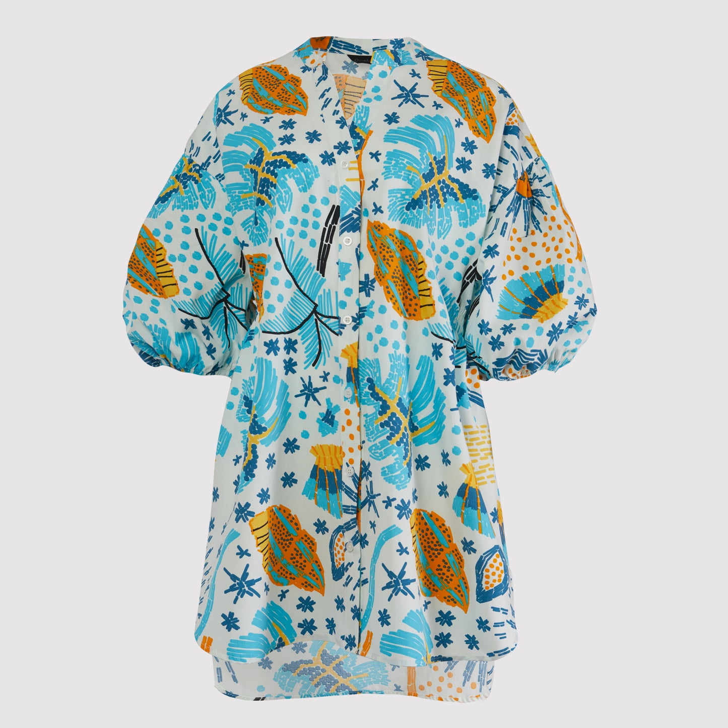 Kana button down beach shirt with 3/4 voluminous elastic hem sleeves, V neck button placket, blue printed