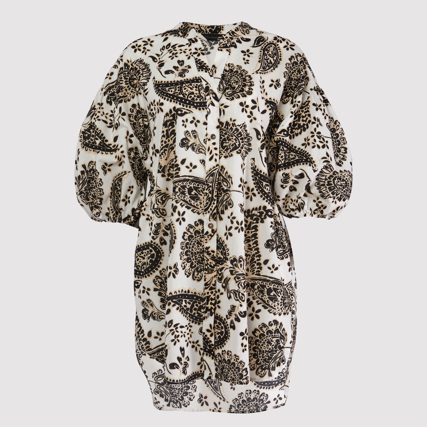 Lola button down beach shirt with 3/4 voluminous elastic hem sleeves, V neck button placket, black paisley design printed