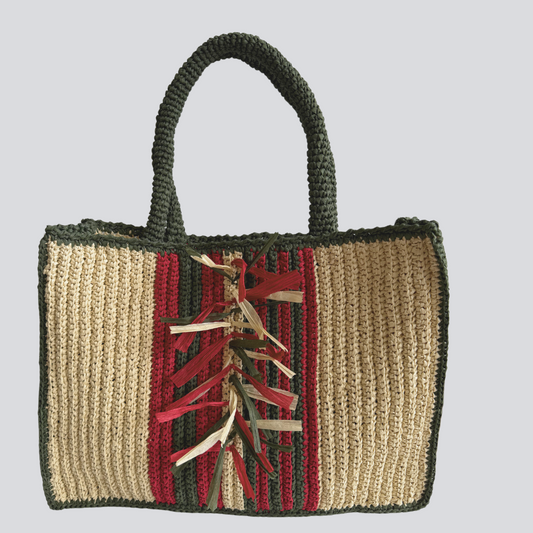 Izmir bag, hand braided raffia fringe beach bag, khaki- red striped on neutral color