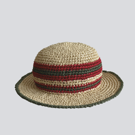 Izmir hat, hand braided raffia  beach hat, khaki- red striped on neutral color