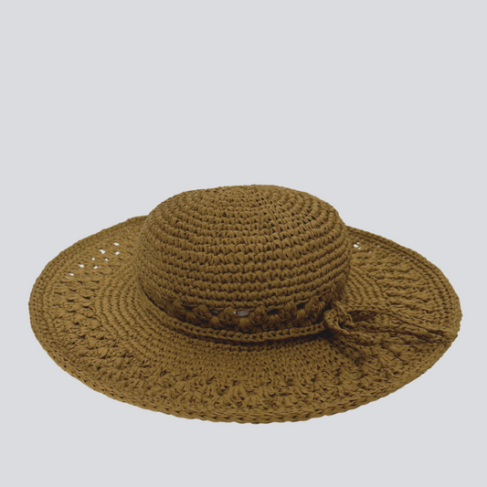 Mimoza hat hand-knitted raffia beach hat with ajour texture and braided tie, neutral color