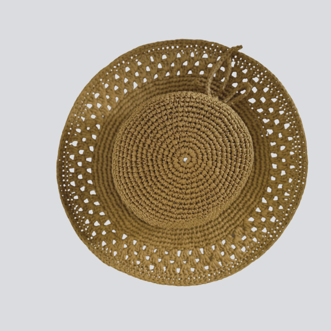 Mimoza hat hand-knitted raffia beach hat with ajour texture and braided tie, neutral color