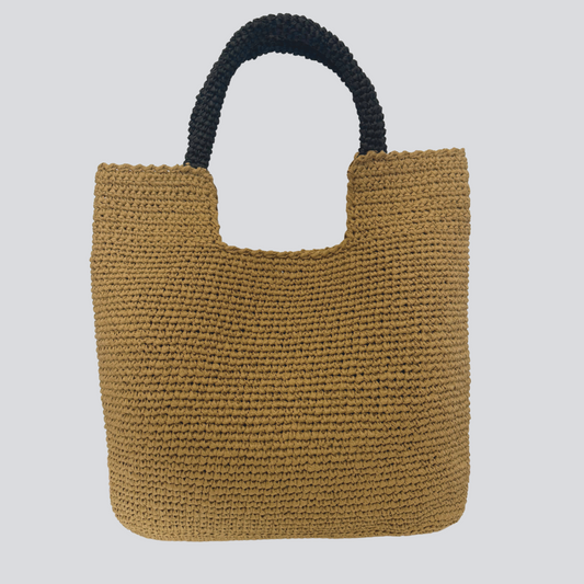 Patara bag hand-knitted raffia beach bag with contrast handle, neutral color-black
