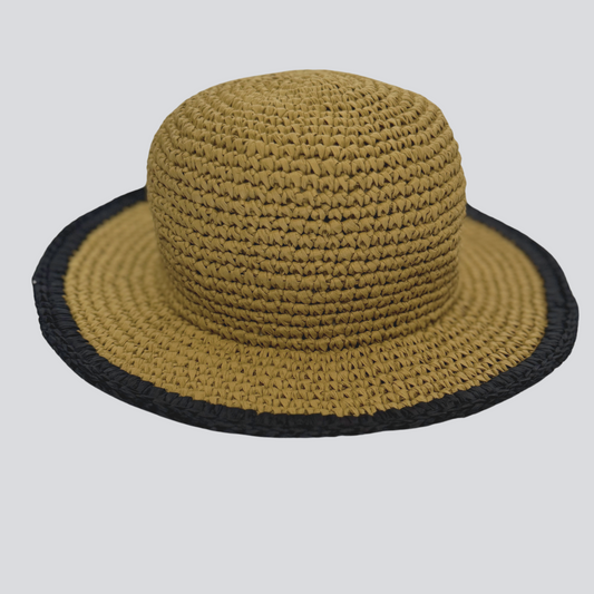 Patara hat hand-knitted raffia beach hat with contrast stripe , neutral color-black